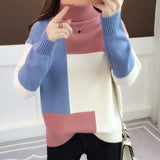 Weiyinxing Knitted Sweater Women Red Patchwork Turtleneck Knitted Winter Jumper Korean Pullover Casual Clothes Warm Loose V644