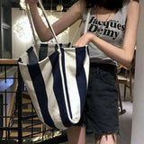 Weiyinxing Striped Canvas Bag For Women Large Capacity Shoulder Bag Daily Shopping Totes Student Bookbag for School Travel Beach Bag