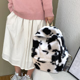 Weiyinxing Women Cow Print Backpack Multi-Pockets Shoulder Bags Winter Soft Plush Leopard Pattern Travel Bag Fluffy School Book Bag