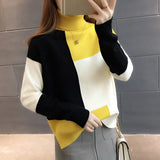 Weiyinxing Knitted Sweater Women Red Patchwork Turtleneck Knitted Winter Jumper Korean Pullover Casual Clothes Warm Loose V644