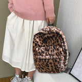 Weiyinxing Women Cow Print Backpack Multi-Pockets Shoulder Bags Winter Soft Plush Leopard Pattern Travel Bag Fluffy School Book Bag