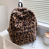 Weiyinxing Women Cow Print Backpack Multi-Pockets Shoulder Bags Winter Soft Plush Leopard Pattern Travel Bag Fluffy School Book Bag