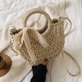 Weiyinxing Bag Women Hand-Woven Handbag Moon Shape Lace Bow Rattan Bag Big Capacity Drawstring Casual Beach Shoulder Crossbody Bag