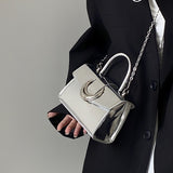 Weiyinxing Sense Moon Lock Bag Women's 2024 New Silver Square Lacquered Leather Handbag Chain One-Shoulder Shoulder Satchel