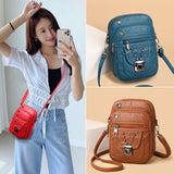 Weiyinxing Washing Soft Leather Women's Bag Mobile Phone Bag Korean Version Oblique Satchel Bag Liu Nail Splicing Fashion Leisure Multi-Layer One-Shoulder Bag