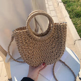 Weiyinxing Bag Women Hand-Woven Handbag Moon Shape Lace Bow Rattan Bag Big Capacity Drawstring Casual Beach Shoulder Crossbody Bag