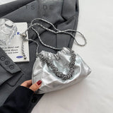 Weiyinxing Silver Small Leather Crossbody Bag Women's 2024 Retro Simple Style Chain Lipstick Bucket Bag Lady Handbags and Purses