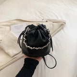 Weiyinxing Chains Mini Bucket Bags for Women Classic Crocodile Textured Drawstring Crossbody Bag Solid Color Lady Handbags