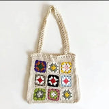 Weiyinxing Women Boho Woven Tote Summer Beach Handbag Floral Handmade Weaving Shoulder Bags Hand Crochet Bag Flower Stitching Shopper Bag