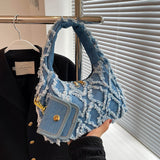 Weiyinxing Small Denim Handbags for Women Korean Plaid Half Moon Zipper Design Underarm Bags Lady Shoulder Bag with Purses