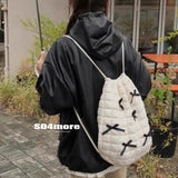 Weiyinxing Black Bow Design Cotton Drawstring Backpack 2024 Winter Korean Fashion Y2K Big Soft Backpacks Lady Back Pack