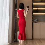 Weiyinxing Women Sexy Bodycon Dress Spring Summer New Temperament Office Lady Elegant Black Knitted Mermaid Dress Ribbed Casual Robe P554