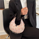 Weiyinxing Womens Floral 2023 Luxury Designer Handbag Pink Spring and Summer Casual Trend Purse Gentle Female Fashion Half Moon Bag