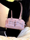 Weiyinxing Plaid Pink Bow Handbag Purse Women Hot Girls Large Capacity Bowling Bag Ladies Harajuku Underarm Bag Bolsos Aesthetic