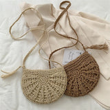 Weiyinxing Half Round Straw Bag for Women Summer Beach Rattan Shoulder Bag Zipper Woven Half Moon Crossbody Handbags Bohemia Vacation