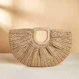 Weiyinxing Woven Straw Handbag Wooden Half-moon Portable Beach Bag Holiday Handmade Handle Bag Rattan Shopping Basket Bag bolsa