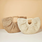 Weiyinxing Woven Straw Handbag Wooden Half-moon Portable Beach Bag Holiday Handmade Handle Bag Rattan Shopping Basket Bag bolsa