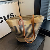 Weiyinxing Ladies Big Stripe Straw Shoulder Bags for Women 2024 Hit Trendy Summer Fashion Lady Handbags and Purses Beach Tote Bag