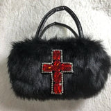 Weiyinxing Y2k Gothic Handbag Soft Plush Black Cross Applique Shoulder Bag Fashion Harajuku Style Punk Hip Hop Biker Crossbody Bag