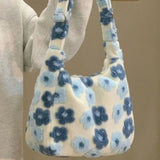 Weiyinxing Kawaii Large Capacity Plush Crossbody Bag Blue Flowers Soft Fashion Shoulder Bag Casual Youthful Cute Fall Winter Handbag