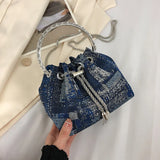 Weiyinxing Handbag Bucket Bag Round Ring Design Hand Bag For Women 2024 New Denim Clutch Fashion Chain Shoulder Crossbody Bag