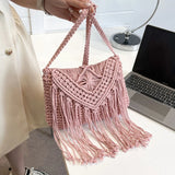 Weiyinxing Tassel Straw Shoulder Bag Female Handmade Woven Crossbody Bag Bohemian Kintted Lady Handbag Beach Bag Flap Bag sac