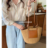 weiyinxing Straw Basket Bags Designer Rope Woven Women Shoulder Bags Summer Beach Crossbody Bag Pu Leather Patchwork Large Tote Sac
