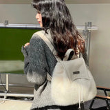 Weiyinxing Sweet Cute Soft Plush Shoulder Bag White Harajuku Style Drawstring Backpack New Large Capacity Elegant Literary Handbag