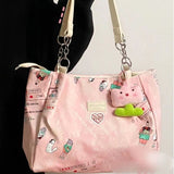 Weiyinxing Large Capacity Cute Tote Bag for Women Cartoon Print Pu Leather Bolsas Versatile Portable Kawaii Casual Female Shoulder Bag