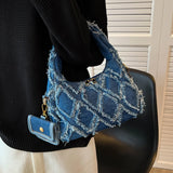 Weiyinxing Small Denim Handbags for Women Korean Plaid Half Moon Zipper Design Underarm Bags Lady Shoulder Bag with Purses