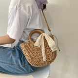 Weiyinxing Bag Women Hand-Woven Handbag Moon Shape Lace Bow Rattan Bag Big Capacity Drawstring Casual Beach Shoulder Crossbody Bag