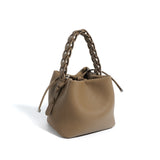 Weiyinxing Textured Genuine Leather Mini Bucket Bag Women Fashion All-Match Drawstring Design Commuter Handbags Lady Elegant Pouch