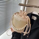 Weiyinxing Knitting Small Crossbody Bags Women Patchwork Design Pearl Bucket Packs Female Elegant Drawstring Straw Woven Bag