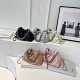 Weiyinxing Silver Small Leather Crossbody Bag Women's 2024 Retro Simple Style Chain Lipstick Bucket Bag Lady Handbags and Purses