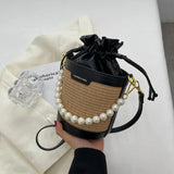 Weiyinxing Knitting Small Crossbody Bags Women Patchwork Design Pearl Bucket Packs Female Elegant Drawstring Straw Woven Bag