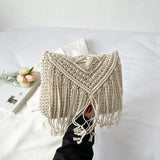 Weiyinxing Tassel Straw Shoulder Bag Female Handmade Woven Crossbody Bag Bohemian Kintted Lady Handbag Beach Bag Flap Bag sac