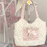 Weiyinxing Fairy Flower Print Women's Handbags Sweet Y2k Aesthetic Fashion Chic Underarm Bag Contrast Color Kawaii Bow Shoulder Bags
