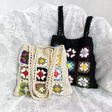 Weiyinxing Women Boho Woven Tote Summer Beach Handbag Floral Handmade Weaving Shoulder Bags Hand Crochet Bag Flower Stitching Shopper Bag