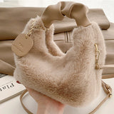 Weiyinxing Women Faux Fur Plush Handbags Ruched Handle Small Lady Shoulder Crossbody Bag Casual Tote Half-Moon Hobos Winter Bags for Women