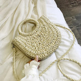 Weiyinxing Bag Women Hand-Woven Handbag Moon Shape Lace Bow Rattan Bag Big Capacity Drawstring Casual Beach Shoulder Crossbody Bag