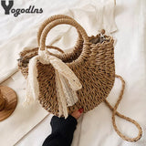 Weiyinxing Bag Women Hand-Woven Handbag Moon Shape Lace Bow Rattan Bag Big Capacity Drawstring Casual Beach Shoulder Crossbody Bag