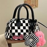 Weiyinxing Checkerboard Black and White Boston Bag Mini Cute Flower Pendant High Capacity Handbag Messenger Bag Purses Handbags