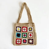 Weiyinxing Women Boho Woven Tote Summer Beach Handbag Floral Handmade Weaving Shoulder Bags Hand Crochet Bag Flower Stitching Shopper Bag