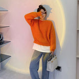 Weiyinxing Cashmere Orange Sweater Women Knitted Jumpers Casual Loose Soft Harajuku Vintage Knitwear Autumn Winter O-neck Simple O290