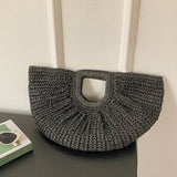 Weiyinxing Woven Straw Handbag Wooden Half-moon Portable Beach Bag Holiday Handmade Handle Bag Rattan Shopping Basket Bag bolsa