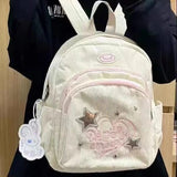 Weiyinxing Sweet Cute Backpack for Women Heart Star Letter White Corduroy Handbag New College Style Fresh Casual Fashion Shoulder Bag