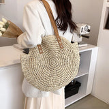 Weiyinxing Round Straw Shoulder Bag Women Large Capacity Handbag Handmade Weaven Beach Bags Fashion Rattan Handle Bag Vacation Tote