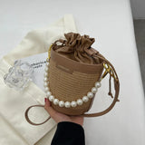 Weiyinxing Knitting Small Crossbody Bags Women Patchwork Design Pearl Bucket Packs Female Elegant Drawstring Straw Woven Bag