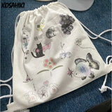 Weiyinxing Kawaii Cat Print Preppy Sweet Schoolbags Drawstring Women Students Canvas Bags Streetwear All Match Trendy Backpacks Y2k
