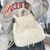 Weiyinxing Sweet Cute Soft Plush Shoulder Bag White Harajuku Style Drawstring Backpack New Large Capacity Elegant Literary Handbag